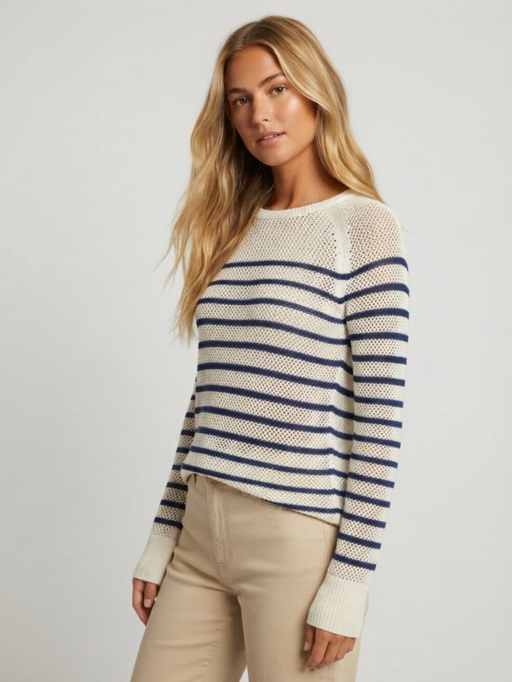 J. McLaughlin White Blue Stripe Cape Pullover Sweater Size Medium 57188